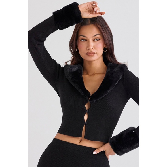 NEW House of CB Blanche Faux Fur Trim Cardigan Black Small - Picture 4 of 17
